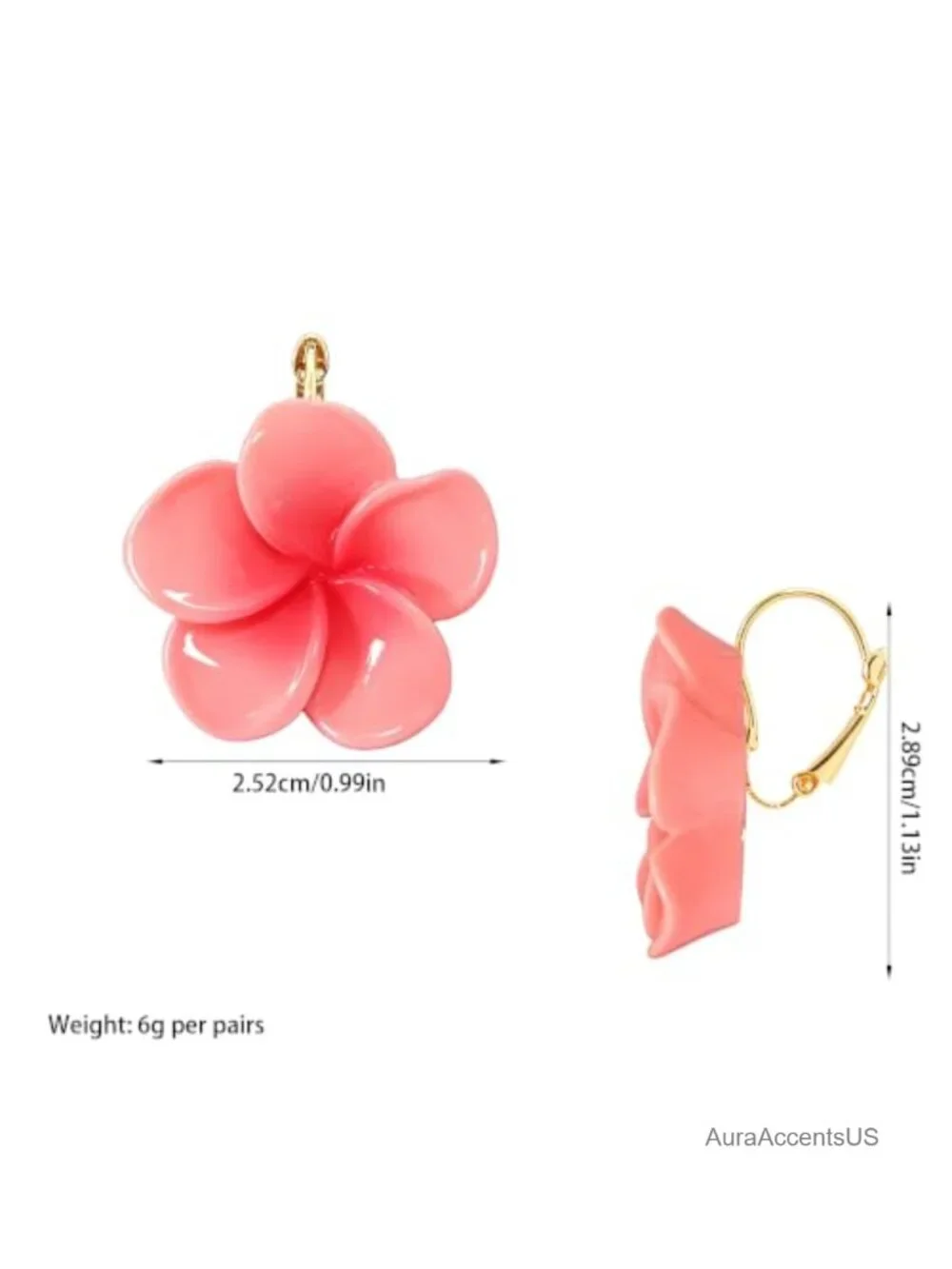 Gold Plated Resin Plumeria Leverback Flower Earrings Tropical Floral Statement